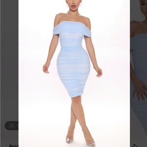 Fashion Nova Ready And Ruched Mesh Midi Dress baby blue light blue Small